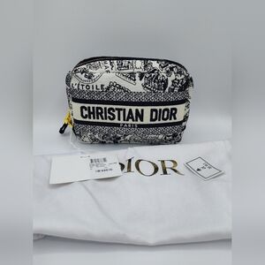 NWT NIB Christian Dior Paris Toile Canvas Cosmetic Pouch Black White Gold Zipper